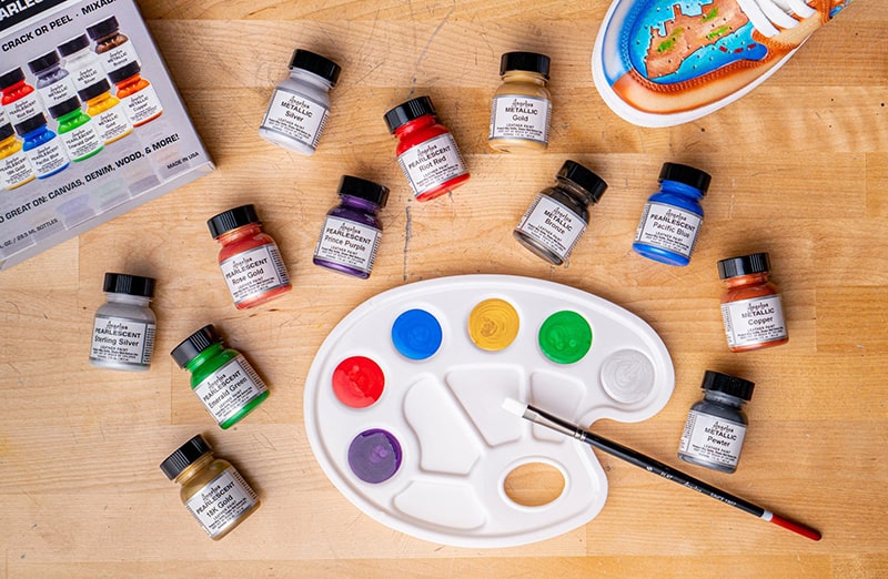 Metaliczne i perłowe farby do customizacji sneakersów, jeansu, tkanin Angelus Acrylic Leather Paint Metallic & Pearl Kit 