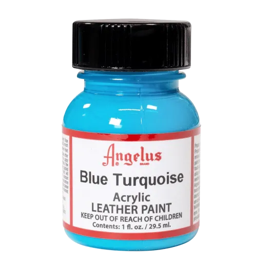 Niebieskoturkusowa farba Angelus do customizacji sneakersów i jeansu. Niebieskoturkusowe farby akrylowe do skór licowych i tkanin. Stosowane do butów, katan, toreb