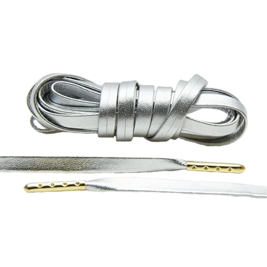 LACE LAB  Luxury Leather Laces 6mm Silver - Gold Plated / Srebrne skórzane sznurowadła do butów ze złotymi końcówkami