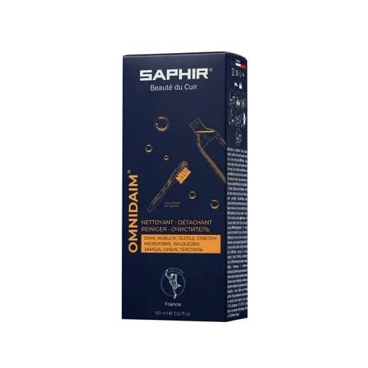 SAPHIR BDC Suede Nubuck Cleaner Omnidaim 100ml + BRUSH / Płyn do czyszczenia zamszu i nubuku oraz tekstyliów + szczoteczka. Skutecznie wyczyścisz zarówno standardowy brud, jak i uciążliwe plamy. Silny koncentrat, którego moc możesz regulować stopniem rozcieńczenia produktu z wodą.