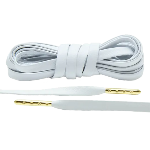 LACE LAB Luxury Leather Laces 6mm White - Gold Plated / Białe płaskie skórzane sznurowadła ze złotymi końcówkami
