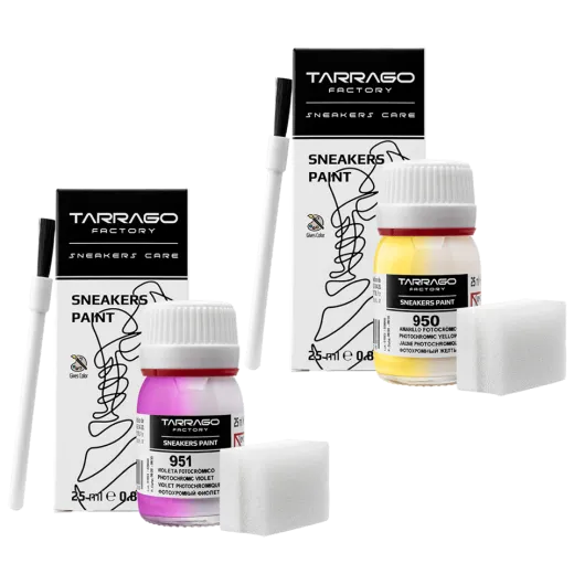 Farby akrylowe, które zmieniają kolor na słońcu. Żółta i filetowa farba do sneakersów, jeansu, tkanin.