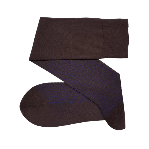 brązowe luksusowe podkolanówki męskie bawełniane w kropki niebieskie Viccel knee socks brown Royal blue Square dots