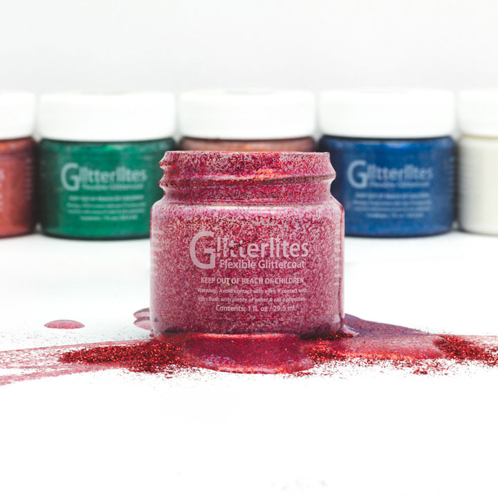 Akrylowe farby brokatowe do customizacji w najpopularniejszych kolorach - czerwona, niebieska, zielona