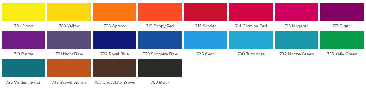 Wzornik kolorów dla farb do malowania jedwabiu, chust, szali, poszetek, tkanin, ubrań jacquard silk green label colors.